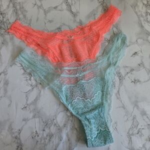 2 VICTORIA'S SECRET Floral Lace Brazilian Orange Green Panty XL